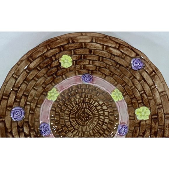 Vintage OCI Bonnet Plate Ceramic 8" Brown Basket-Weave Hat Spring Easter Flowers - Picture 3 of 7
